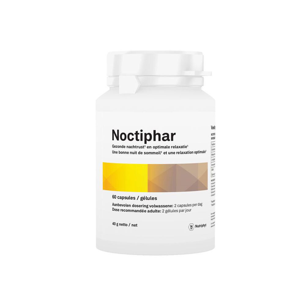 Witte fles met deksel. Opschrift: Noctiphar. Bevat 60 capsules. Opdruk: 40 g netto.