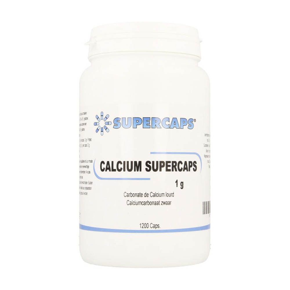 Witte fles met "Supercaps Calcium Supercaps 1 g". Tekst in het Duits, Frans en Nederlands. 1200 capsules.