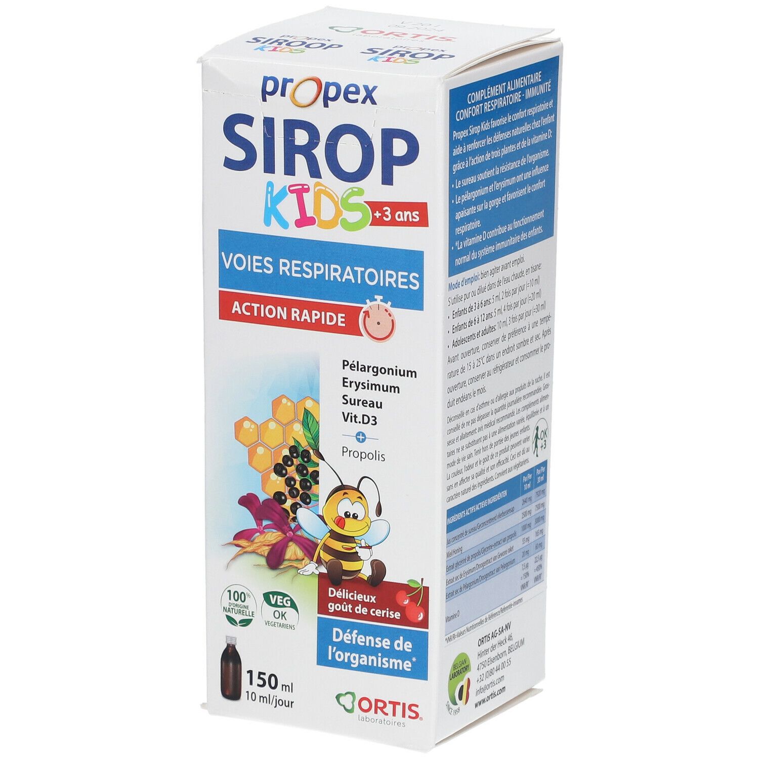 Verpakking van siroop voor kinderen. Toont ingrediënten, gebruiksaanwijzing en merk Ortis.