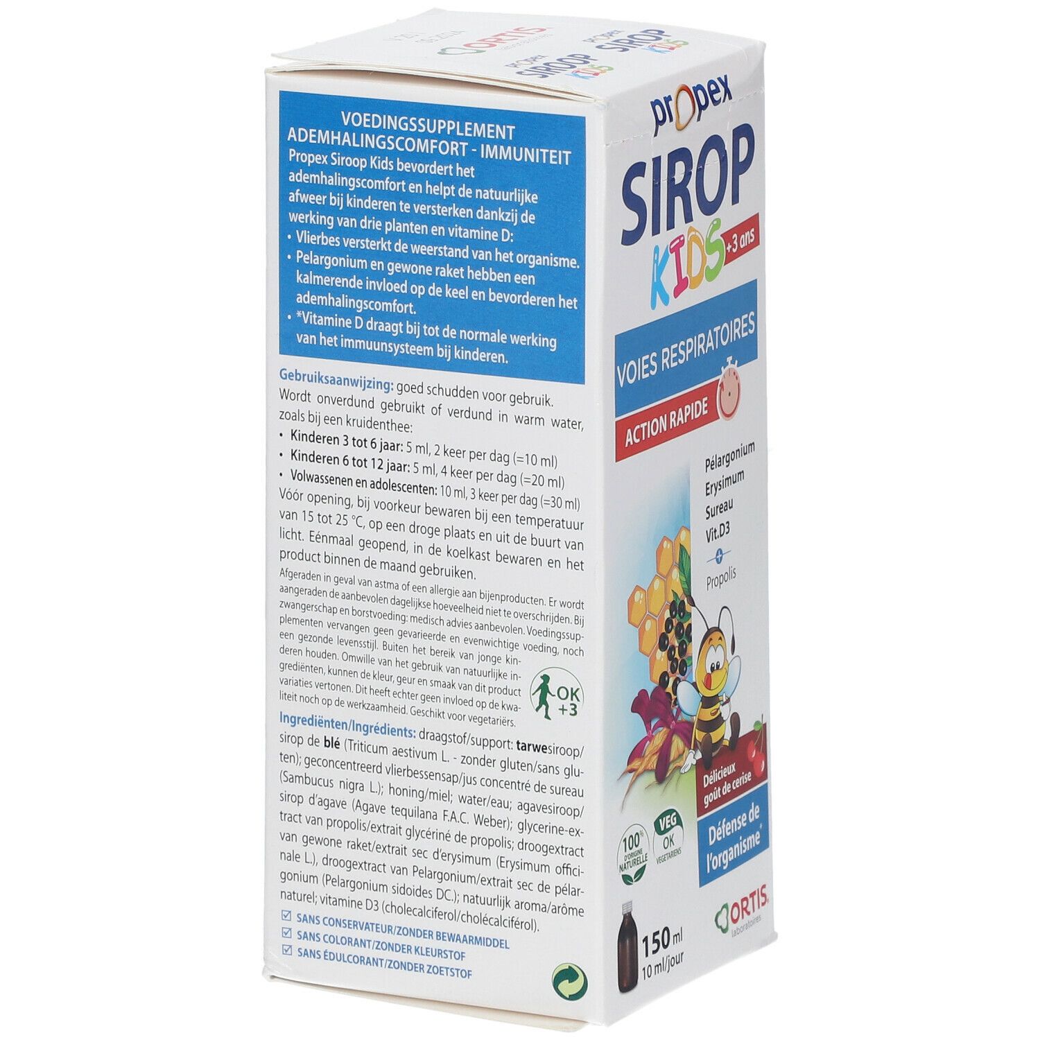 Achterkant van de verpakking met productinformatie, ingrediënten en dosering.