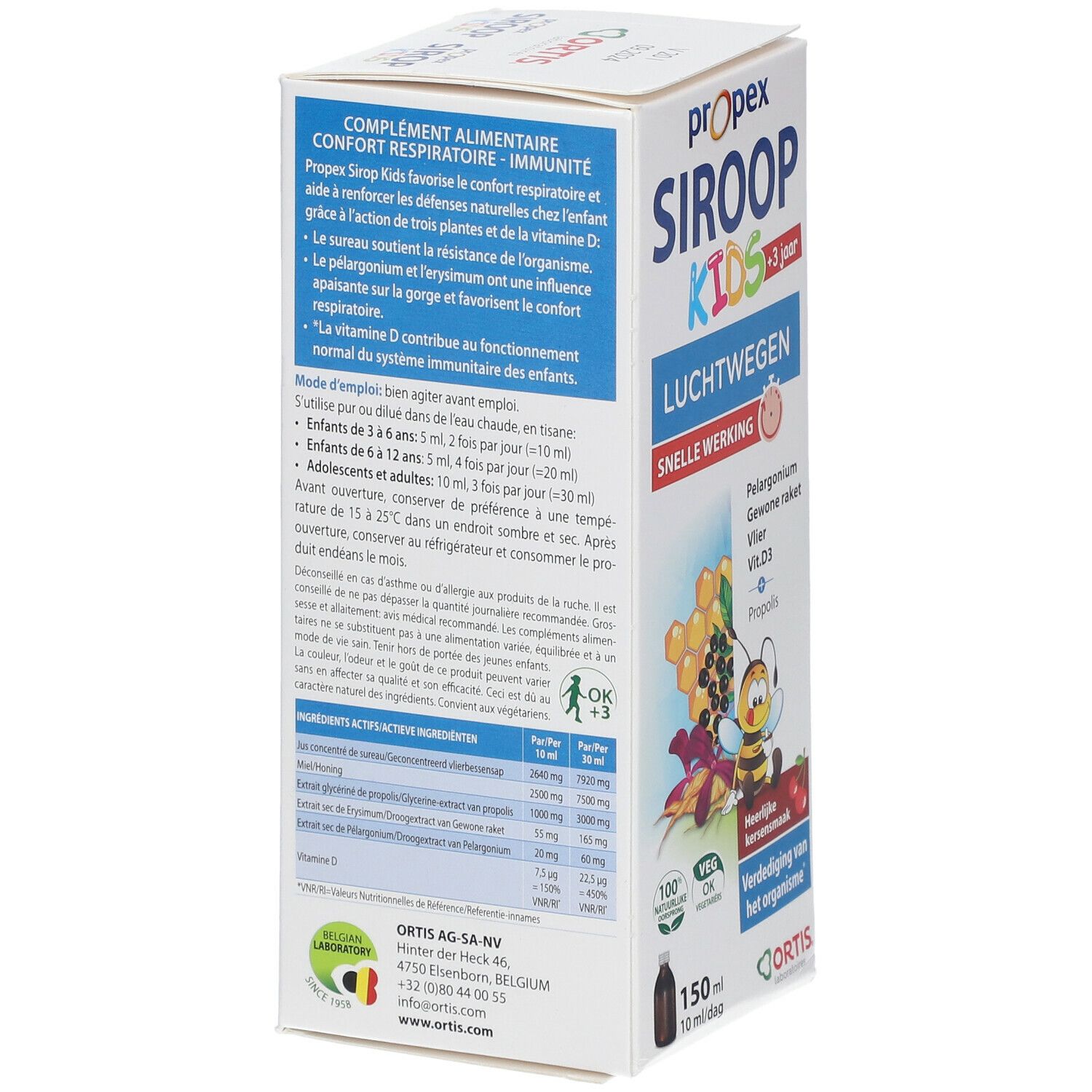 Achterkant van de verpakking met productinformatie, ingrediënten en dosering.