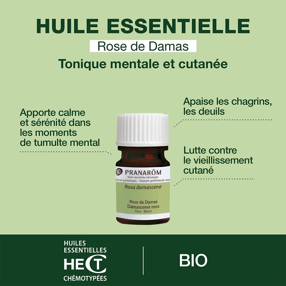 Graphique avec flacon. Texte: Huile Essentielle Rose de Damas. Tonique mentale et cutanée. Certification Bio.