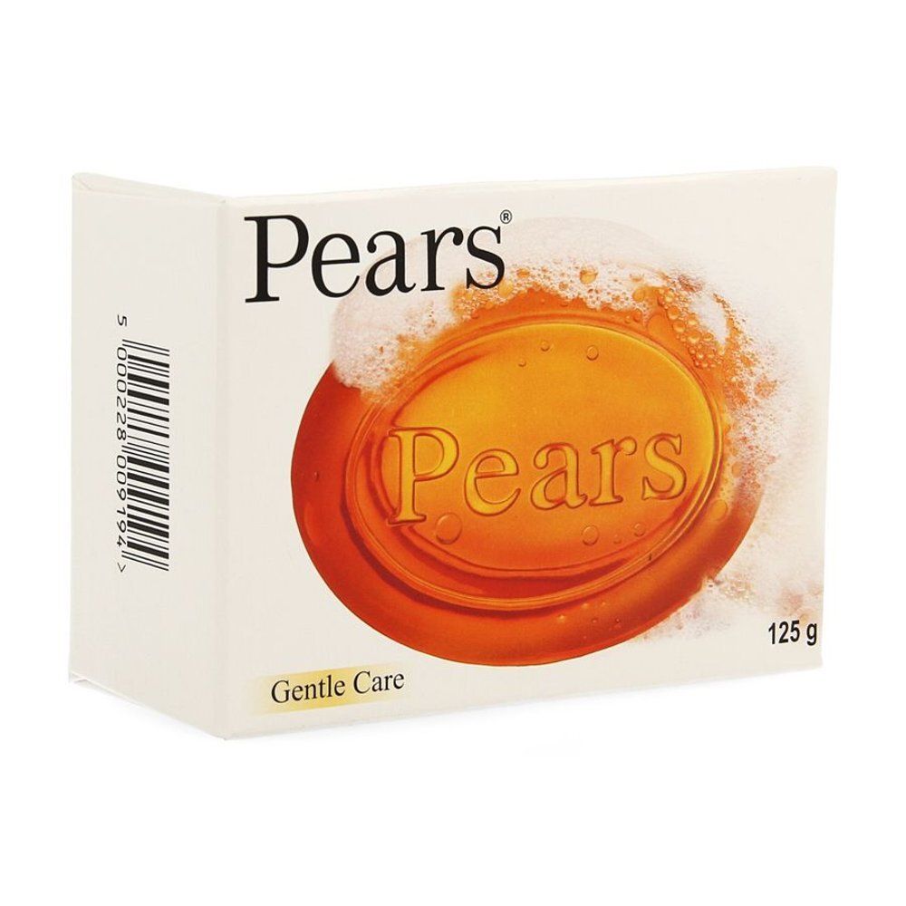 Verpakking van Pears zeep. Witte doos met oranje zeep. Opschriften Pears en Gentle Care. Gewicht: 125 g.
