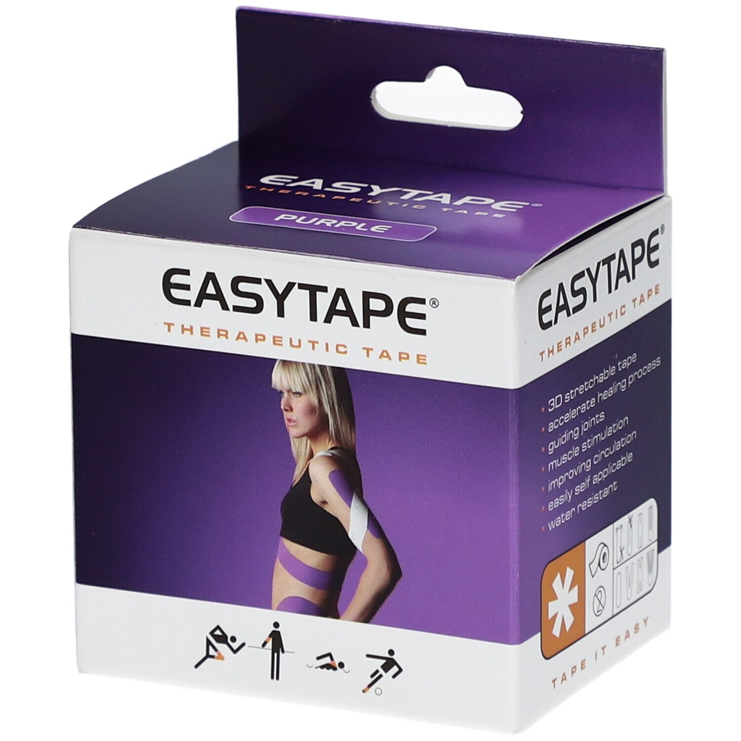 Boîte de Easytape® Therapeutic Tape. Violet. Logo, adresse, marquage CE. Femme avec tape. Tape 3D.