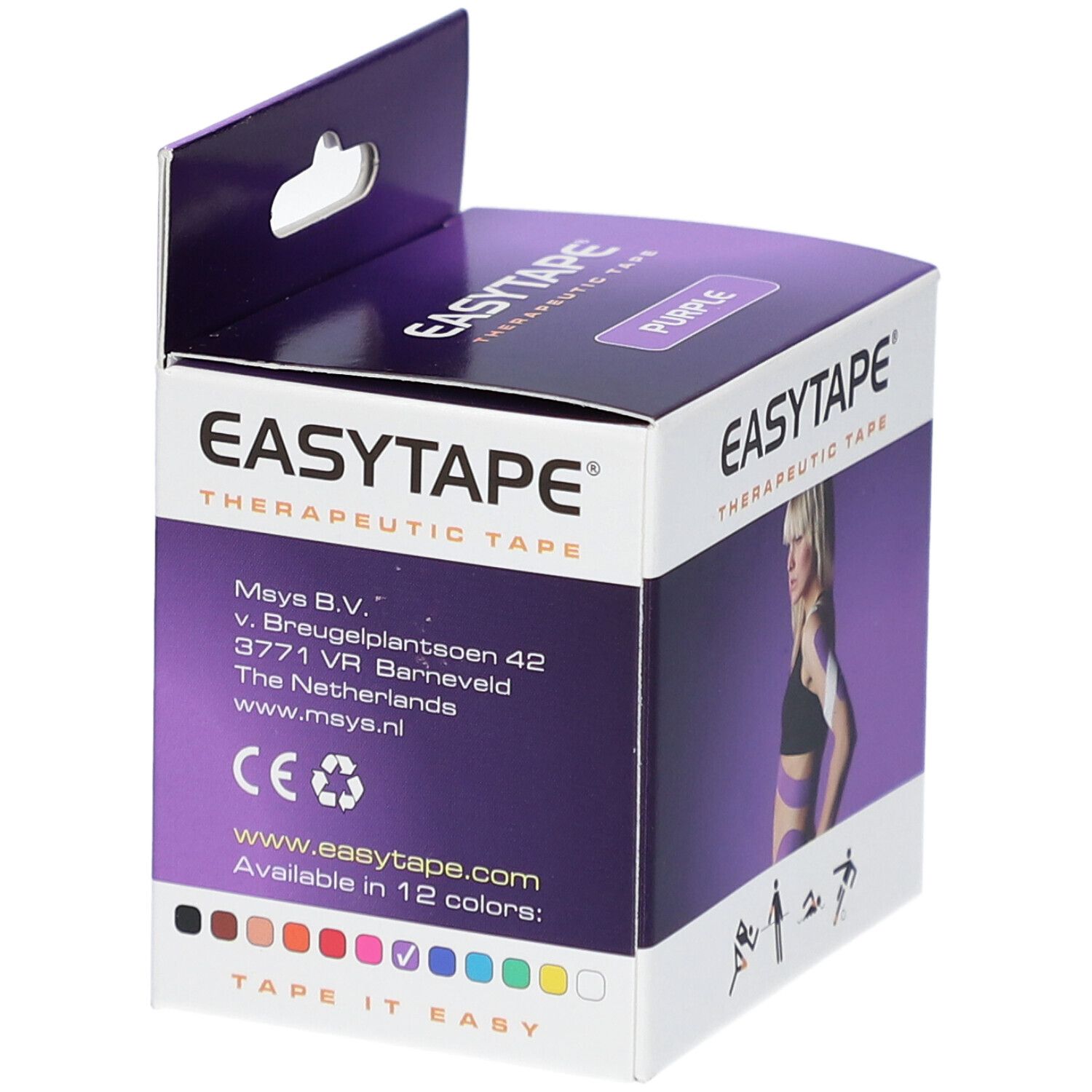 Boîte de Easytape® Therapeutic Tape. Violet. Logo, adresse, marquage CE. Femme avec tape. Choix de couleurs. Tape it easy.