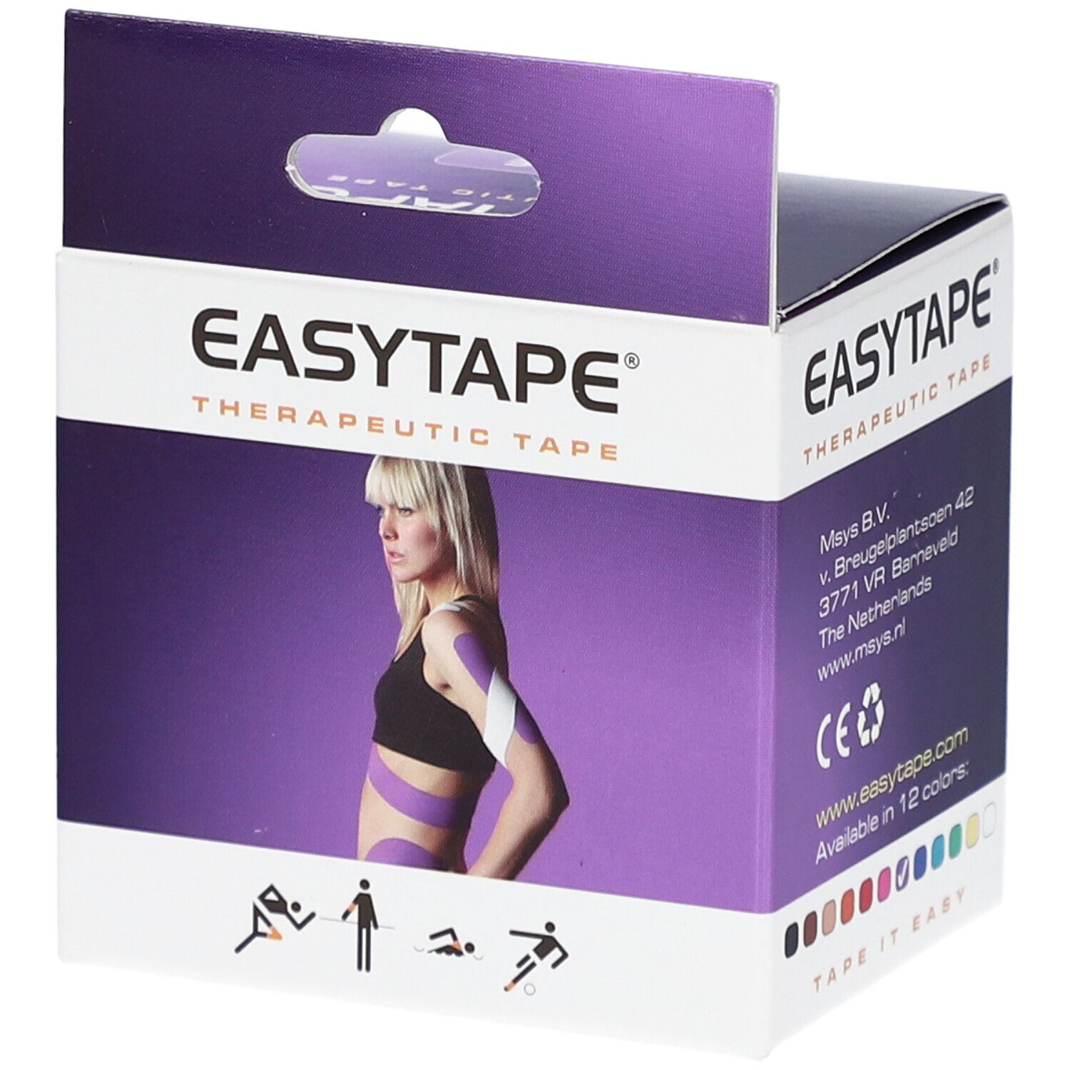 Boîte de Easytape® Therapeutic Tape. Violet. Logo, adresse, marquage CE. Femme avec tape. Choix de couleurs. Tape it easy.