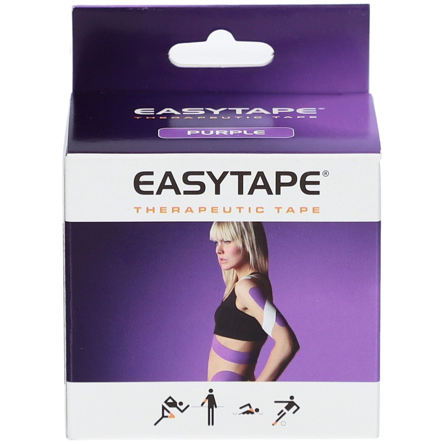 Boîte de Easytape® Therapeutic Tape. Violet. Logo, adresse, marquage CE. Femme avec tape. Tape it easy.