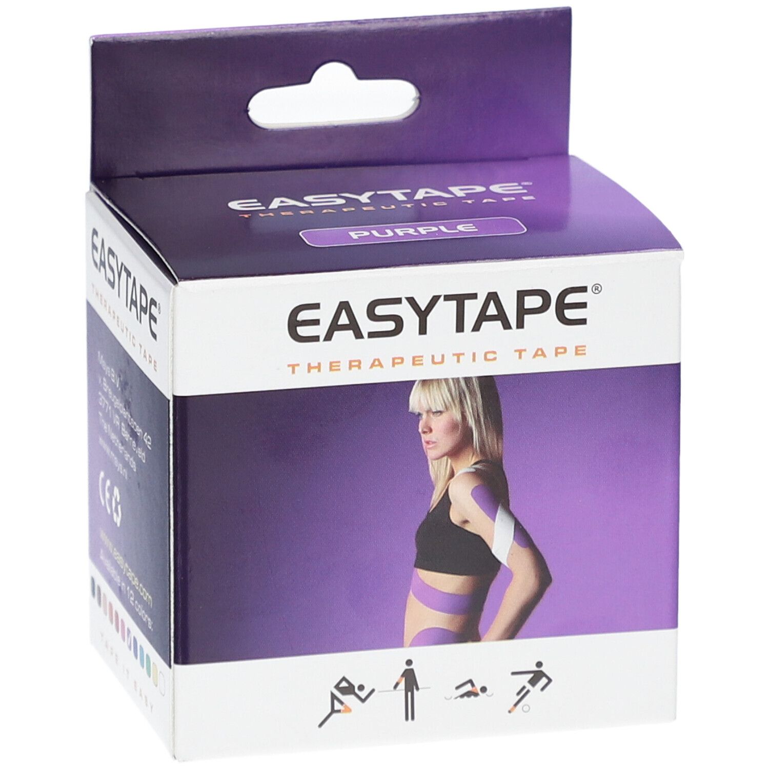 Boîte de Easytape® Therapeutic Tape. Violet. Logo, adresse, marquage CE. Femme avec tape. Tape it easy.
