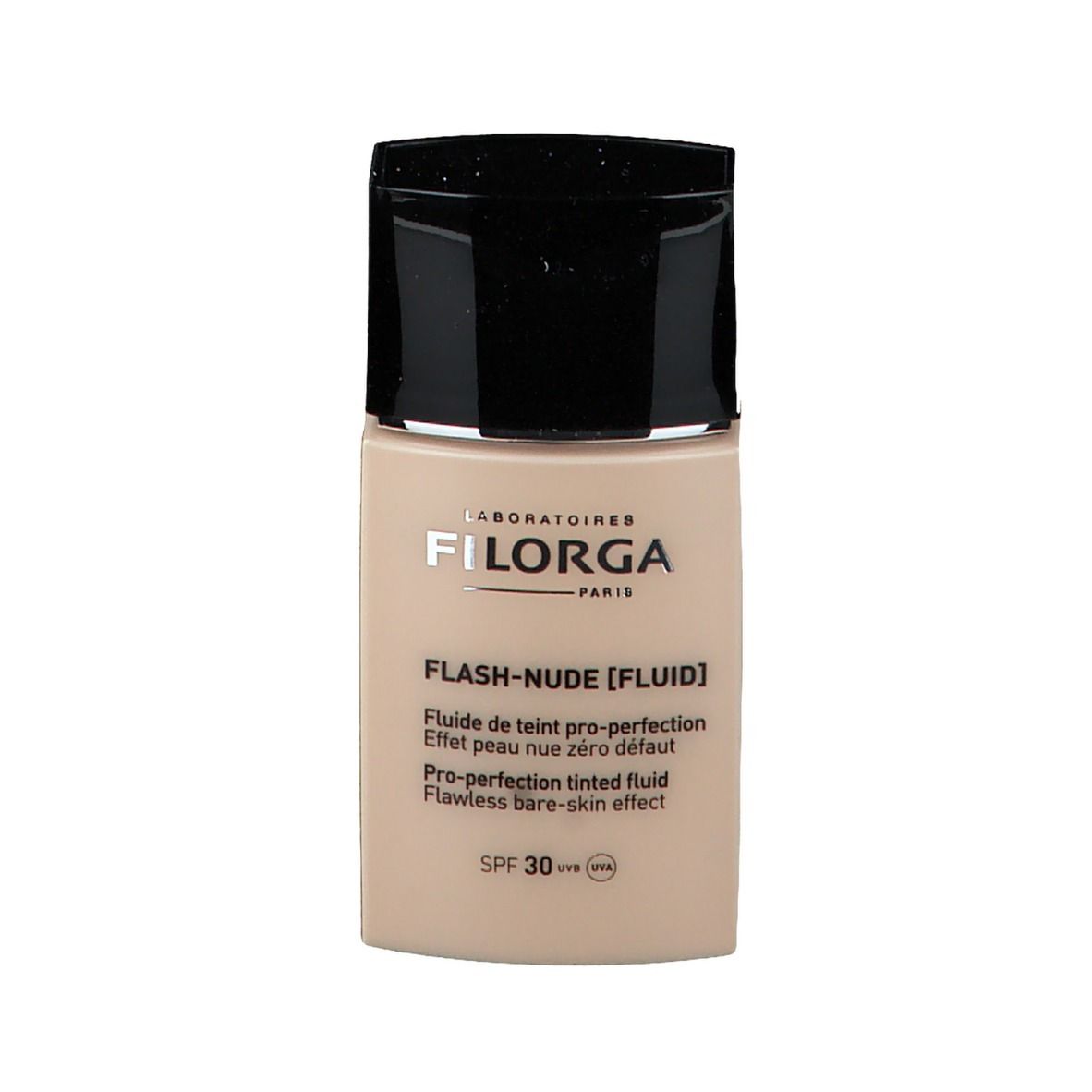 Beige fles met zwarte dop. Opschrift: FILORGA, Flash-Nude [Fluid], SPF 30.