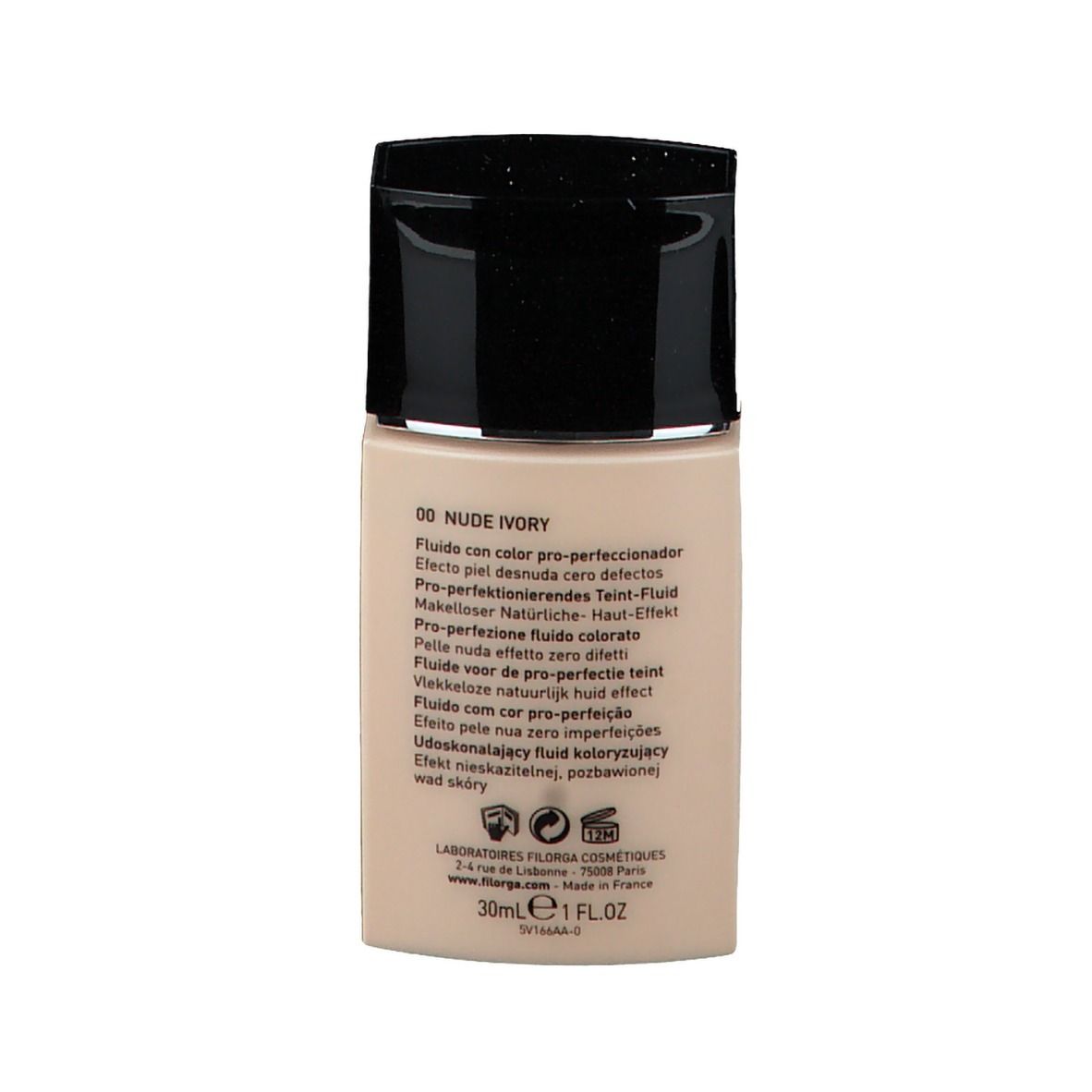 Achterkant van de beige fles. Opschrift: 00 Nude Ivory, productinformatie in meerdere talen.