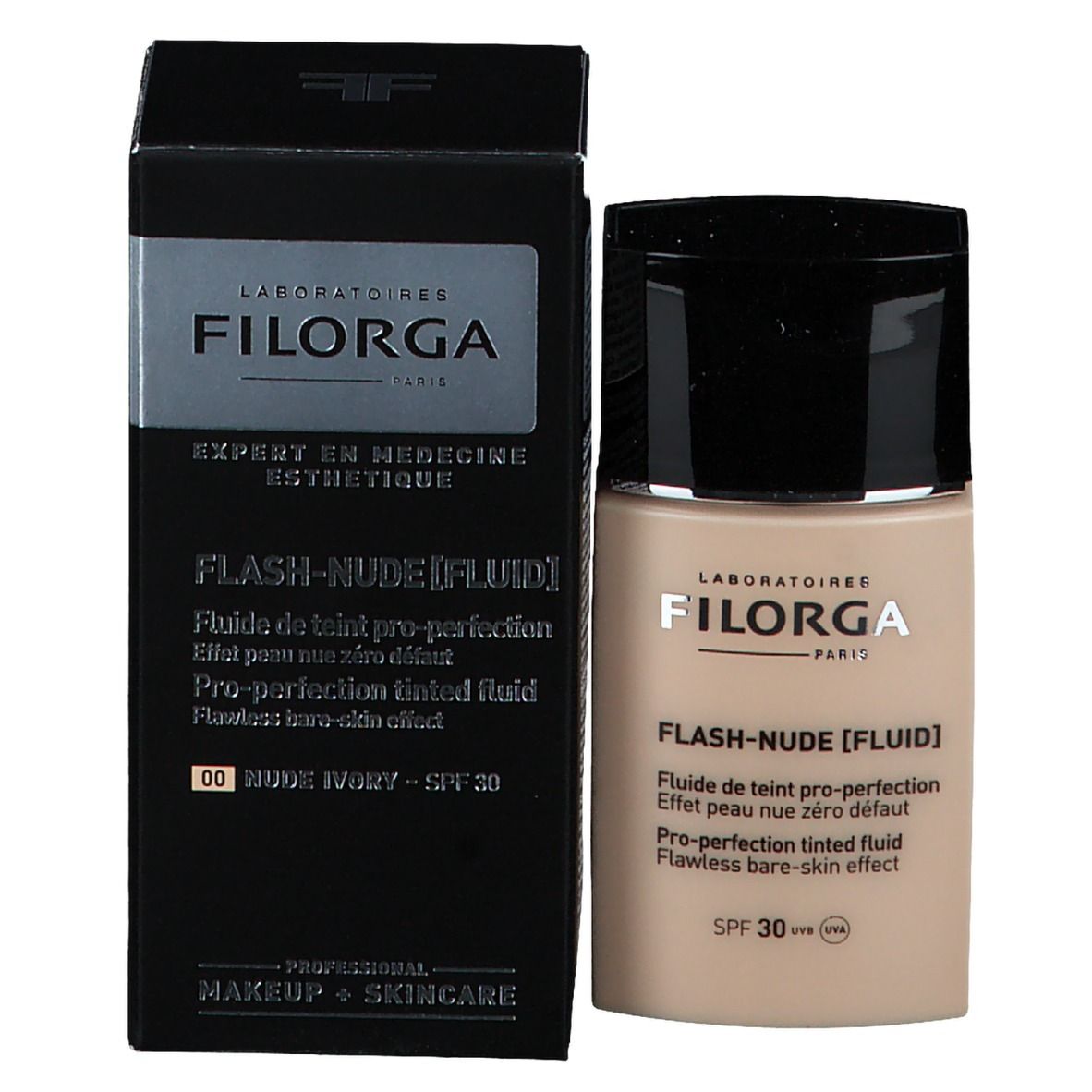 Productverpakking met fles. Zwarte doos met fles. Opschrift: FILORGA, Flash-Nude [Fluid], SPF 30.
