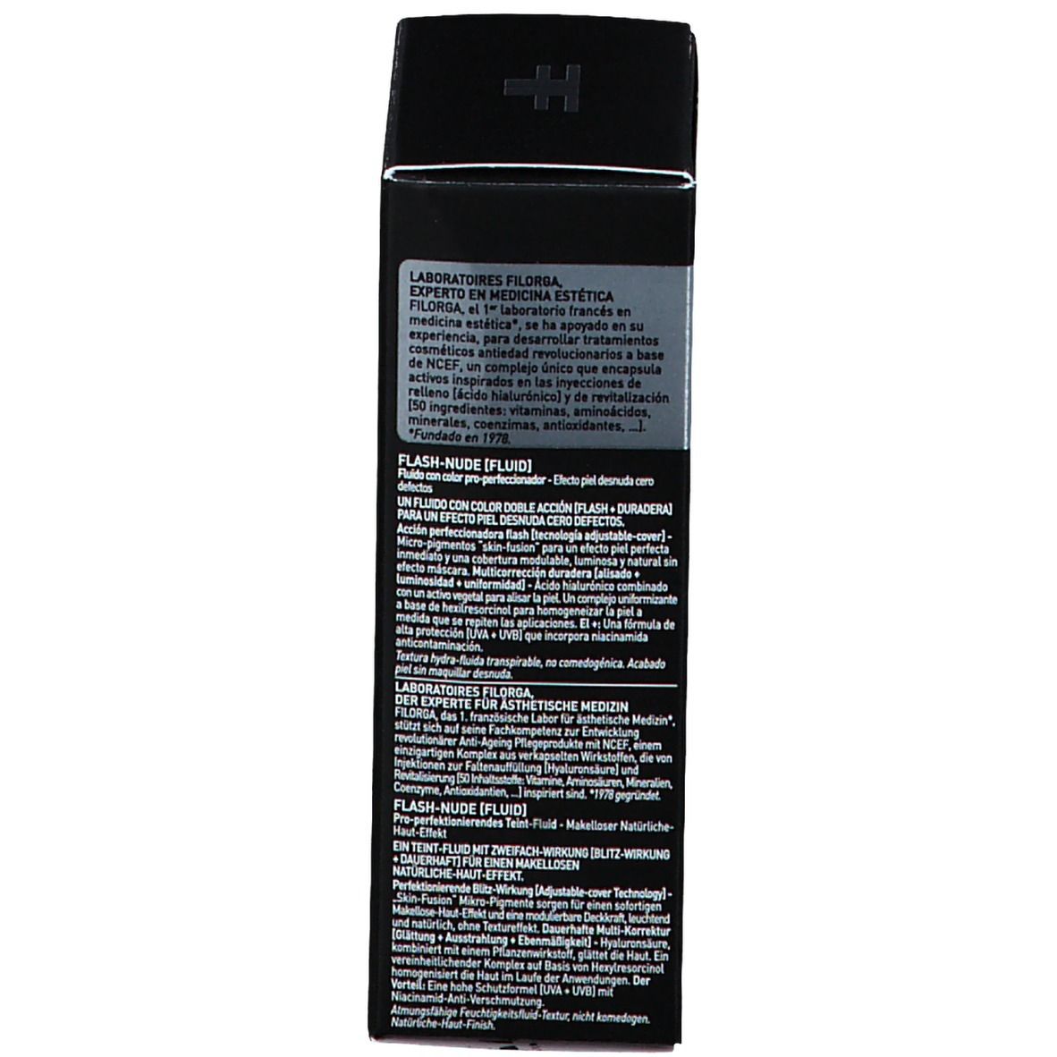 Zwarte productverpakking. Opschrift: FILORGA, Flash-Nude [Fluid]. Productinformatie in meerdere talen.
