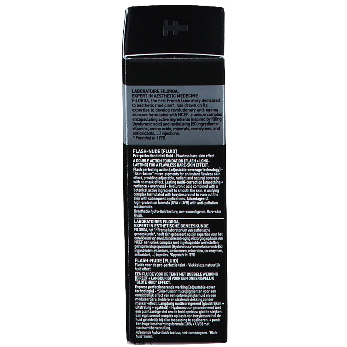 Zwarte productverpakking. Opschrift: FILORGA, Flash-Nude [Fluid]. Productinformatie in meerdere talen.