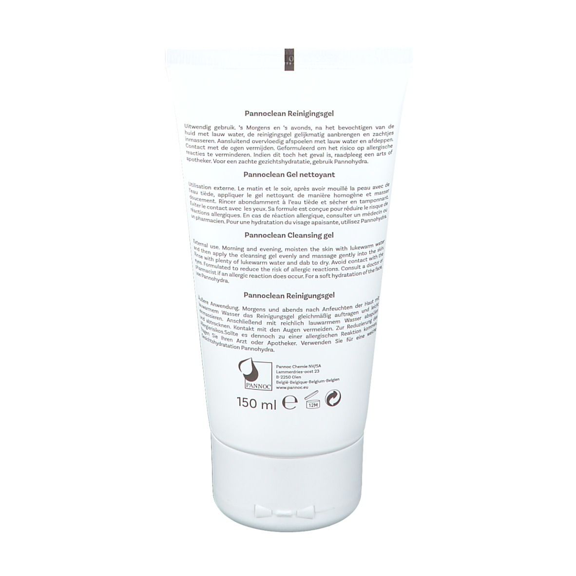 Tube blanc avec texte en anglais, néerlandais et français. Informations produit et fabricant.
