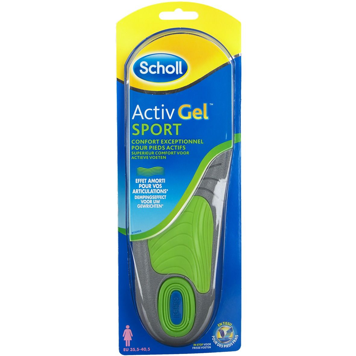 Scholl Activ Gel Sport inlegzolen voor dames in verpakking. Groen, grijs en blauw. Tekst: Activ Gel Sport, Confort Exceptionnel, Effet Amorti.
