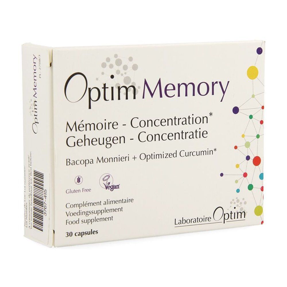 Doos van Optim Memory. Opschriften: Mémoire - Concentration, Geheugen - Concentratie. Bevat 30 capsules. Glutenvrij en veganistisch.