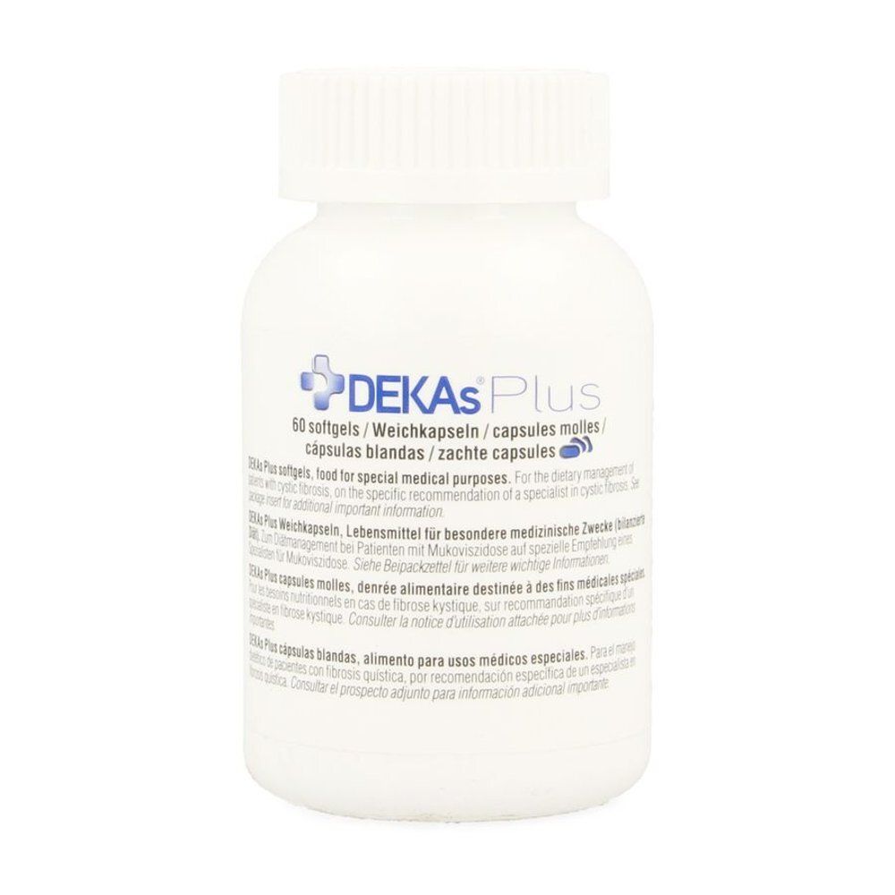 DEKAS Plus capsules molles dans une bouteille blanche, 60 unités. Gros plan sur l'étiquette avec informations produit.