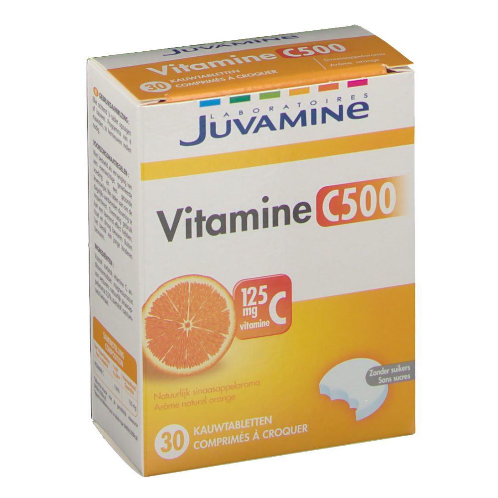 Verpakking van JUVAMINE Vitamine C 500 kauwtabletten. Voorkant met productnaam, sinaasappelafbeelding en vitamine C-aanduiding. 30 tabletten.