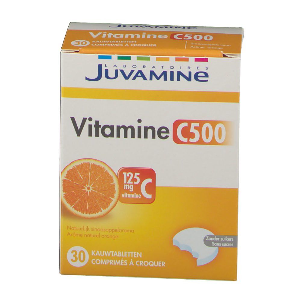 Vooraanzicht van de JUVAMINE Vitamine C 500 kauwtabletten verpakking. Productnaam, sinaasappelafbeelding en vitamine C-aanduiding. 30 tabletten.
