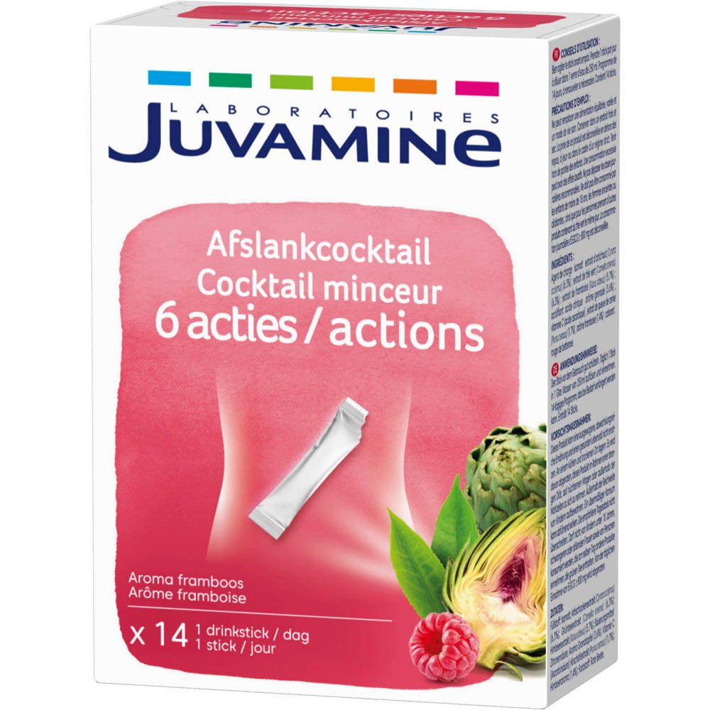 Productverpakking. Opschrift: Juvamine, Afslankcocktail, 6 acties/actions. Voorkant met productafbeelding en ingrediënten.