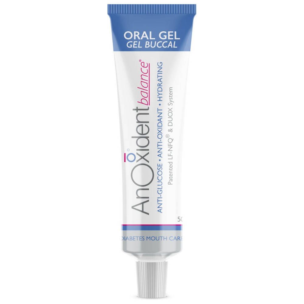 Tube de gel buccal blanc et bleu. Inscription: Oral Gel, Gel Buccal. Marque: AnOxident balance.