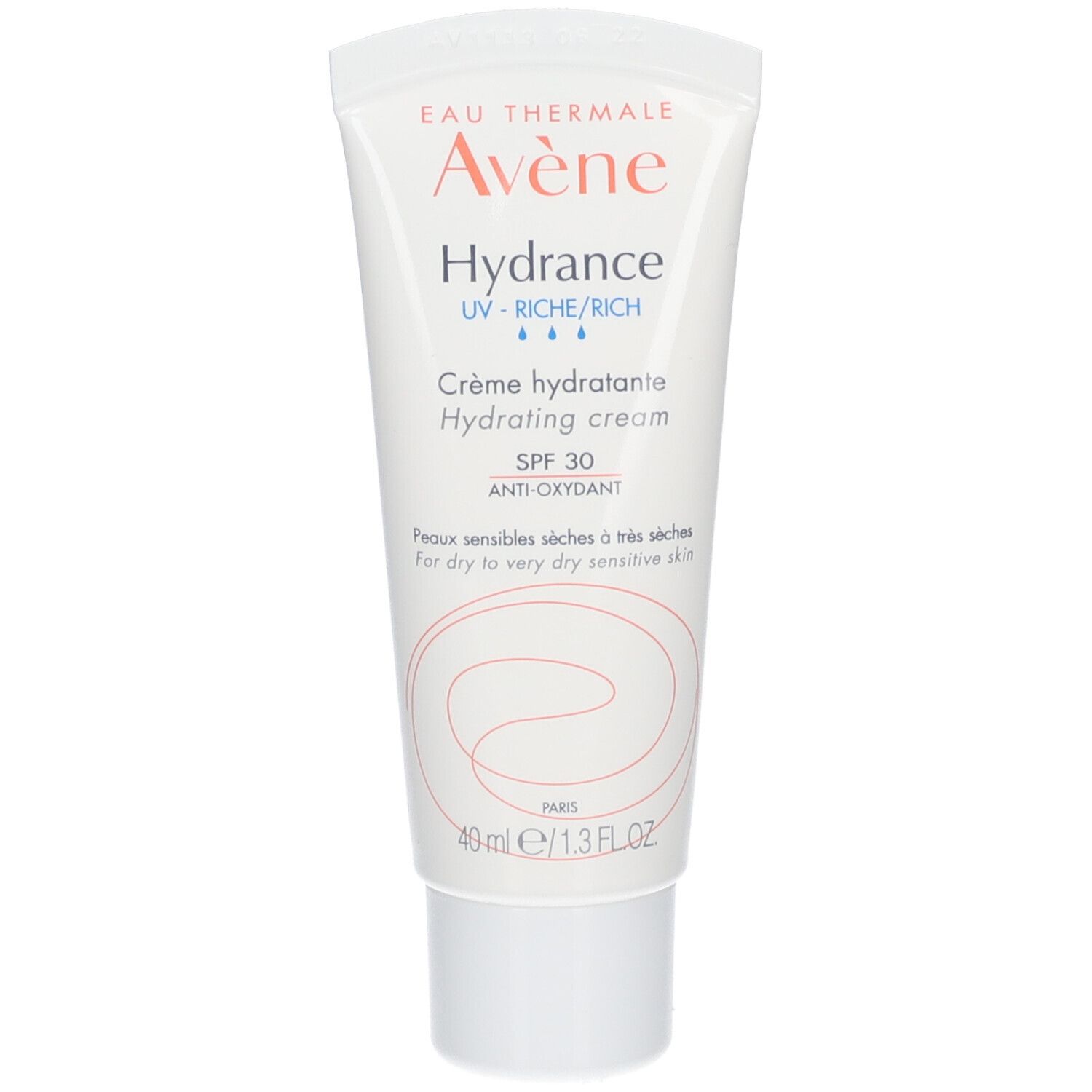 Witte tube Avène Hydrance. Tekst: Hydrance, SPF 30, Anti-Oxydant. 40 ml/1.3 FL.OZ. Voor droge huid.