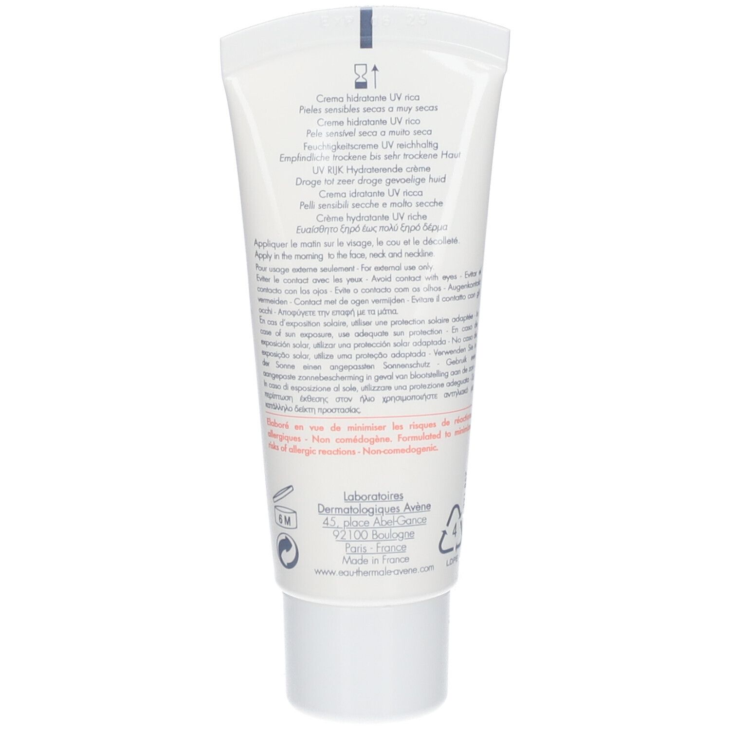 Achterkant witte tube Avène Hydrance. Meertalige tekst. Fabrikantinformatie.