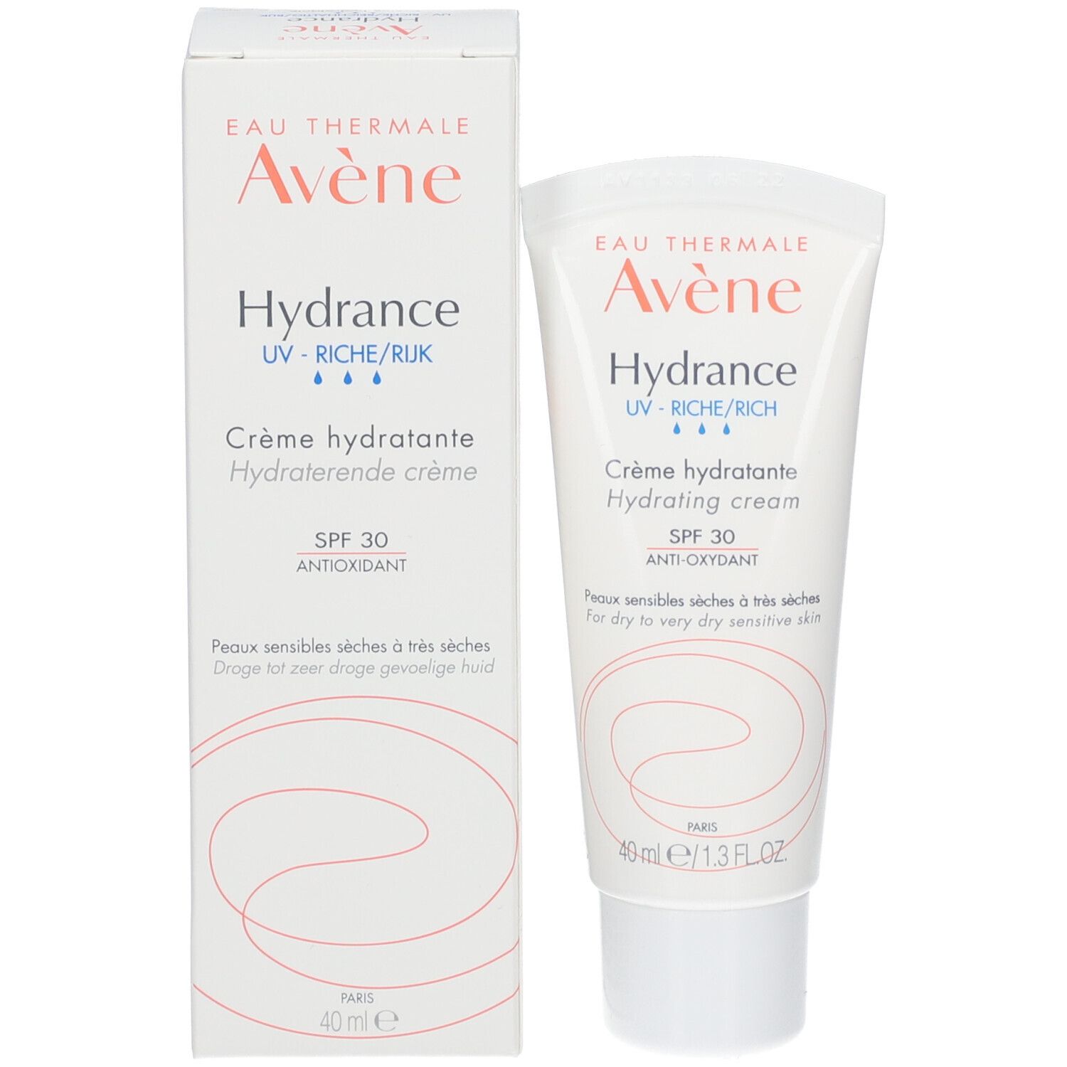 Avène Hydrance crème en verpakking. Tekst: Hydrance, SPF 30, Anti-Oxydant. 40 ml/1.3 FL.OZ. Voor droge huid.