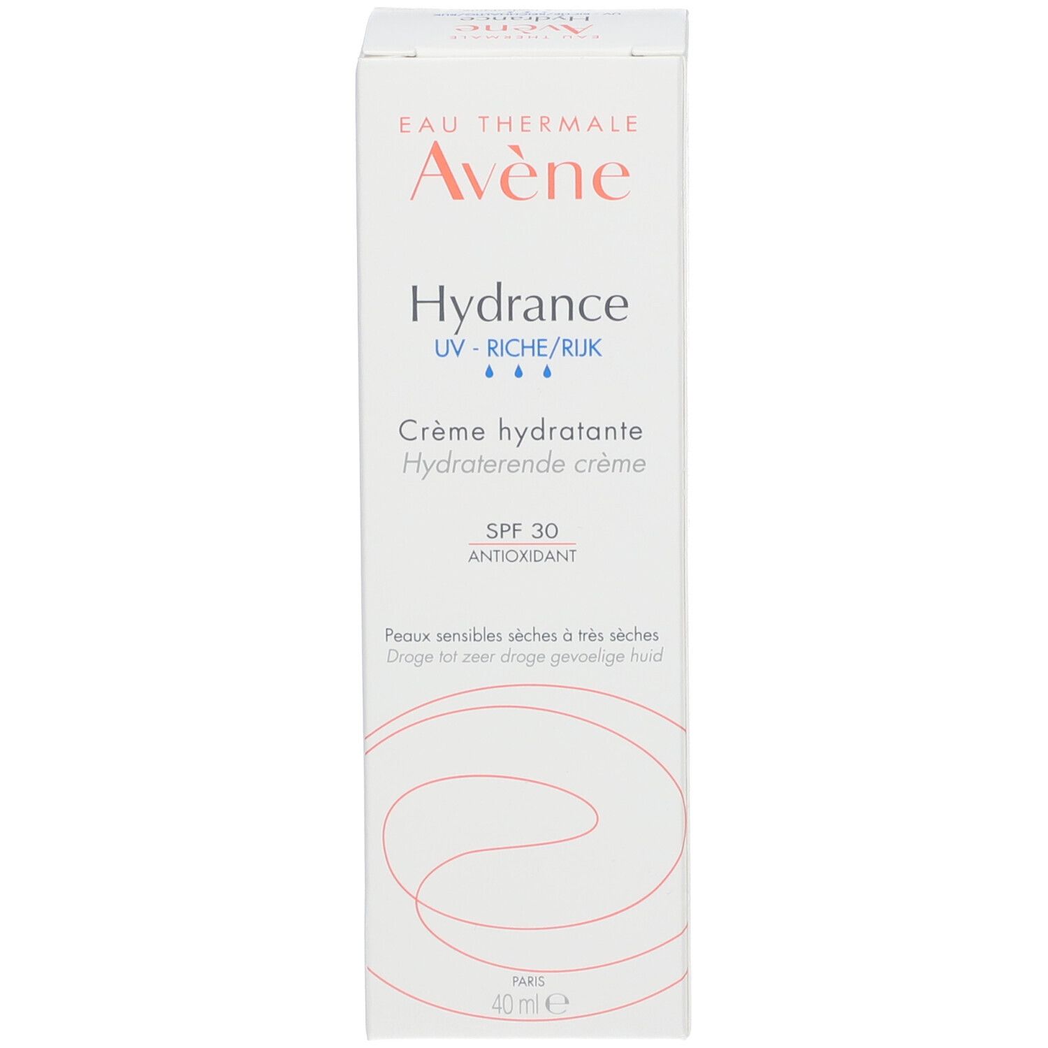 Witte verpakking Avène Hydrance. Tekst: Hydrance, SPF 30, Anti-Oxydant. 40 ml. Voor droge huid.