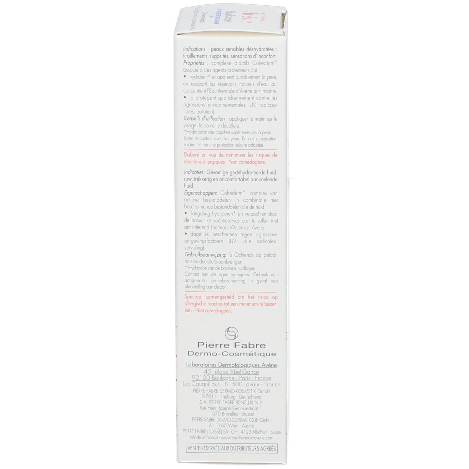 Verpakking Avène Hydrance. Meertalige tekst. Productinformatie en instructies.
