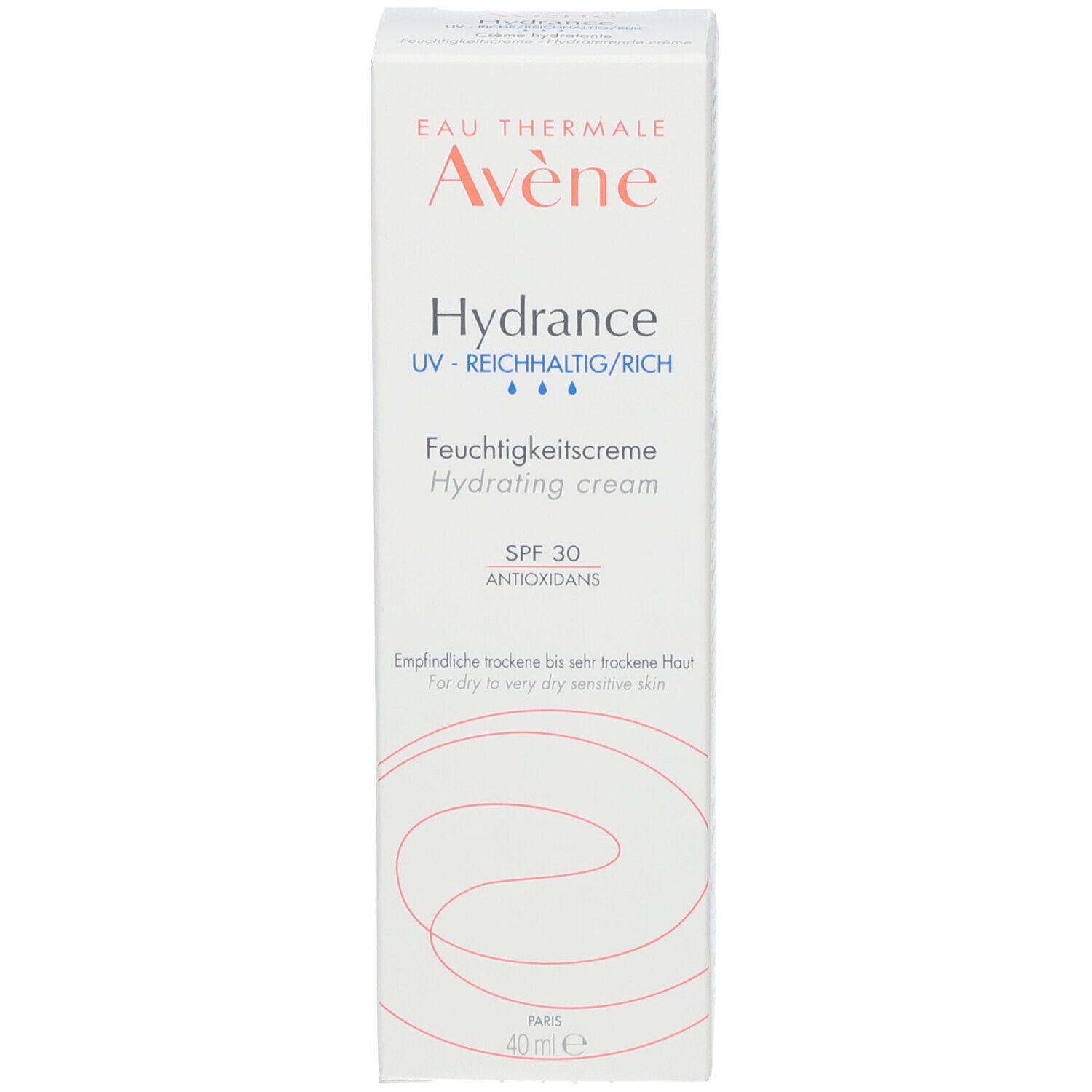 Verpakking Avène Hydrance. Tekst: Hydrance, Vochtcrème, SPF 30, Antioxidanten. 40 ml.