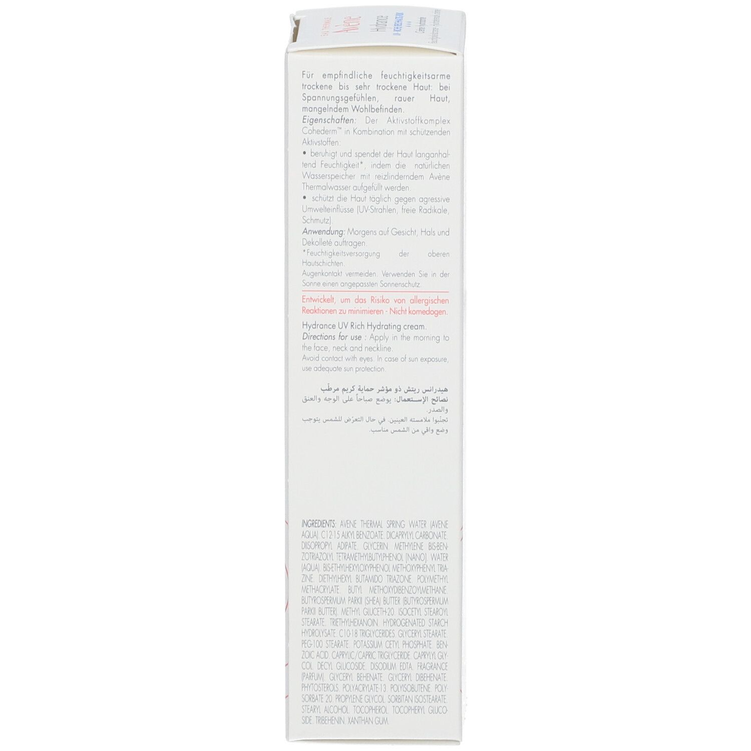 Verpakking Avène Hydrance. Meertalige tekst. Ingrediënten en gebruiksaanwijzing.