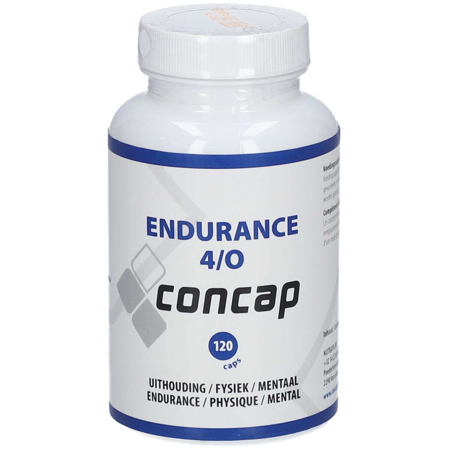 Flacon blanc avec texte bleu. Inscription: Endurance 4/O, Concap, 120 capsules. Sous-titre: Uithouding/Fysiek/Mentaal, Endurance/Physique/Mental.