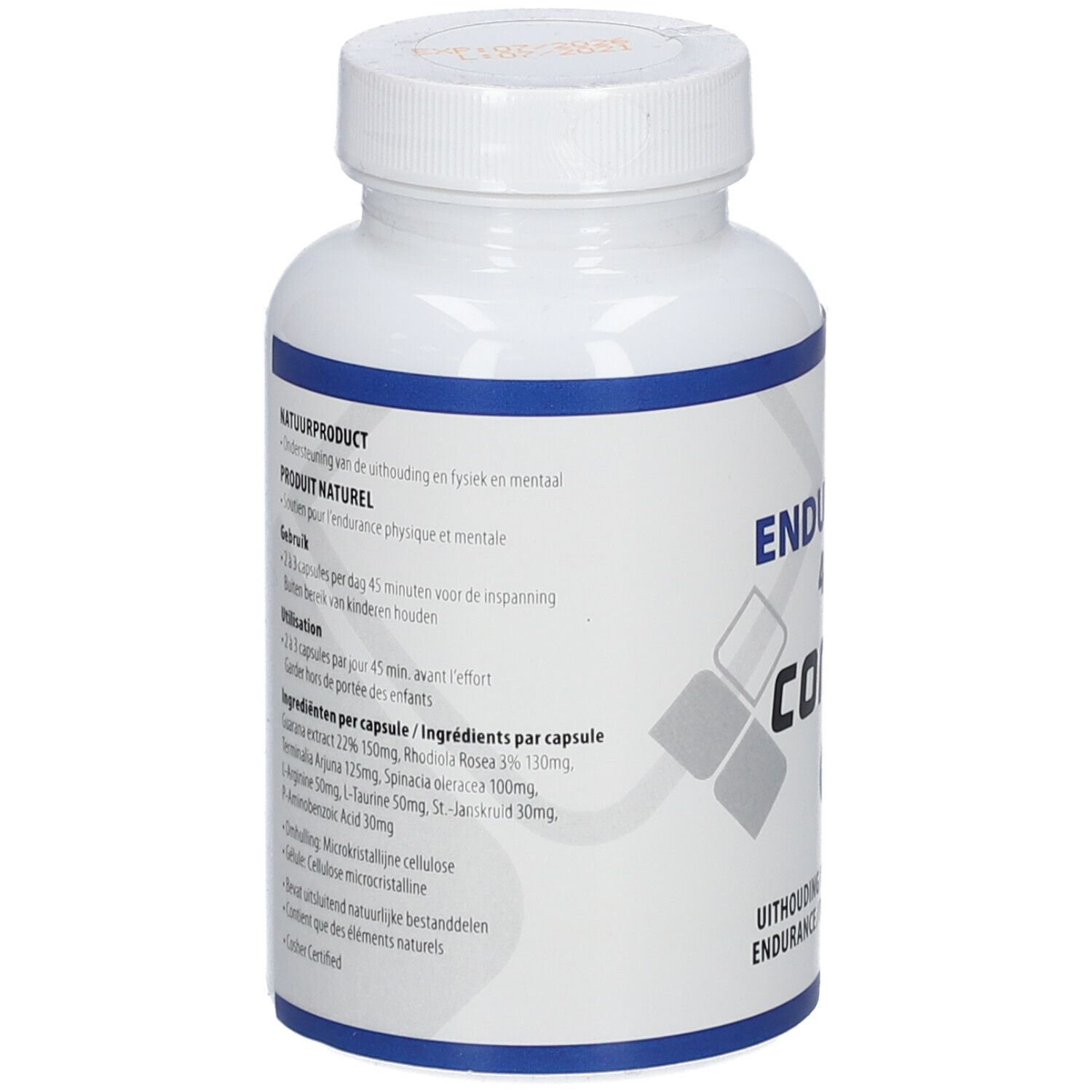 Flacon blanc avec texte bleu. Dos avec texte et liste d'ingrédients. Produit naturel. Logo Concap. Contient: Rhodiola Rosea, Arginine, Spriulina.