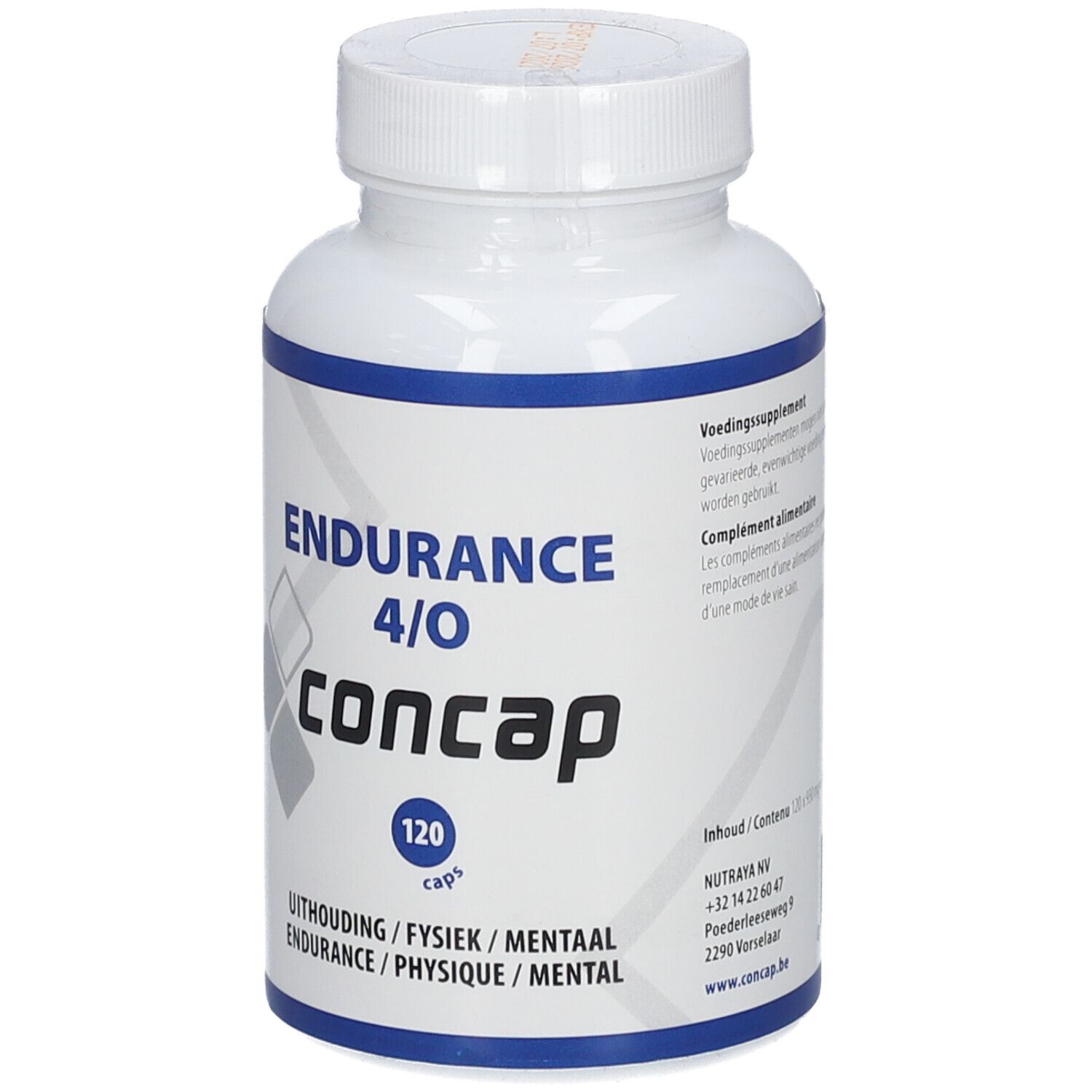 Flacon blanc avec texte bleu. Inscription: Endurance 4/O, Concap, 120 capsules. Sous-titre: Uithouding/Fysiek/Mentaal, Endurance/Physique/Mental.