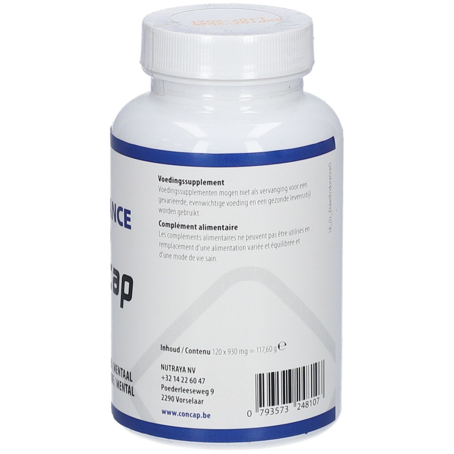 Flacon blanc avec texte bleu. Dos avec texte. Contient: 120 x 930 mg = 111,60 g. Code-barres. Logo Concap. Coordonnées.