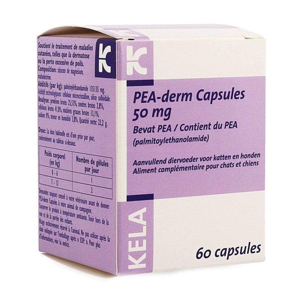 Witte doos PEA-derm Capsules 50 mg. Opschrift: 60 capsules. Kela-logo. Ingrediënten en dosering.