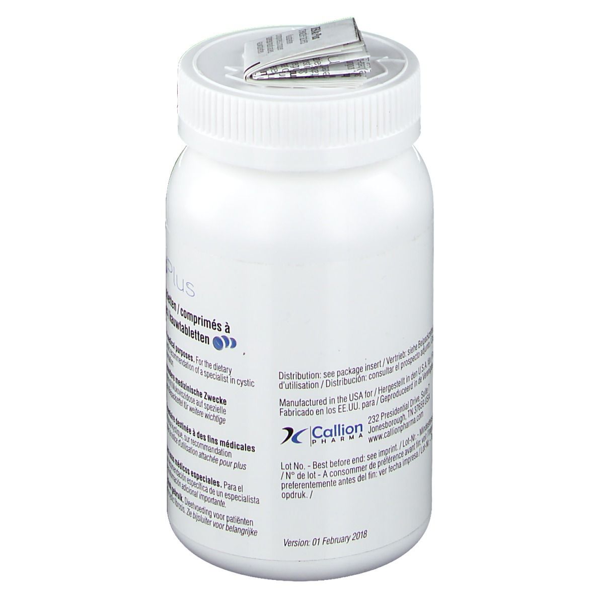 Achterkant van een witte fles DEKAs Plus. Tekst: Callion Pharma. Informatie over distributie en houdbaarheid.