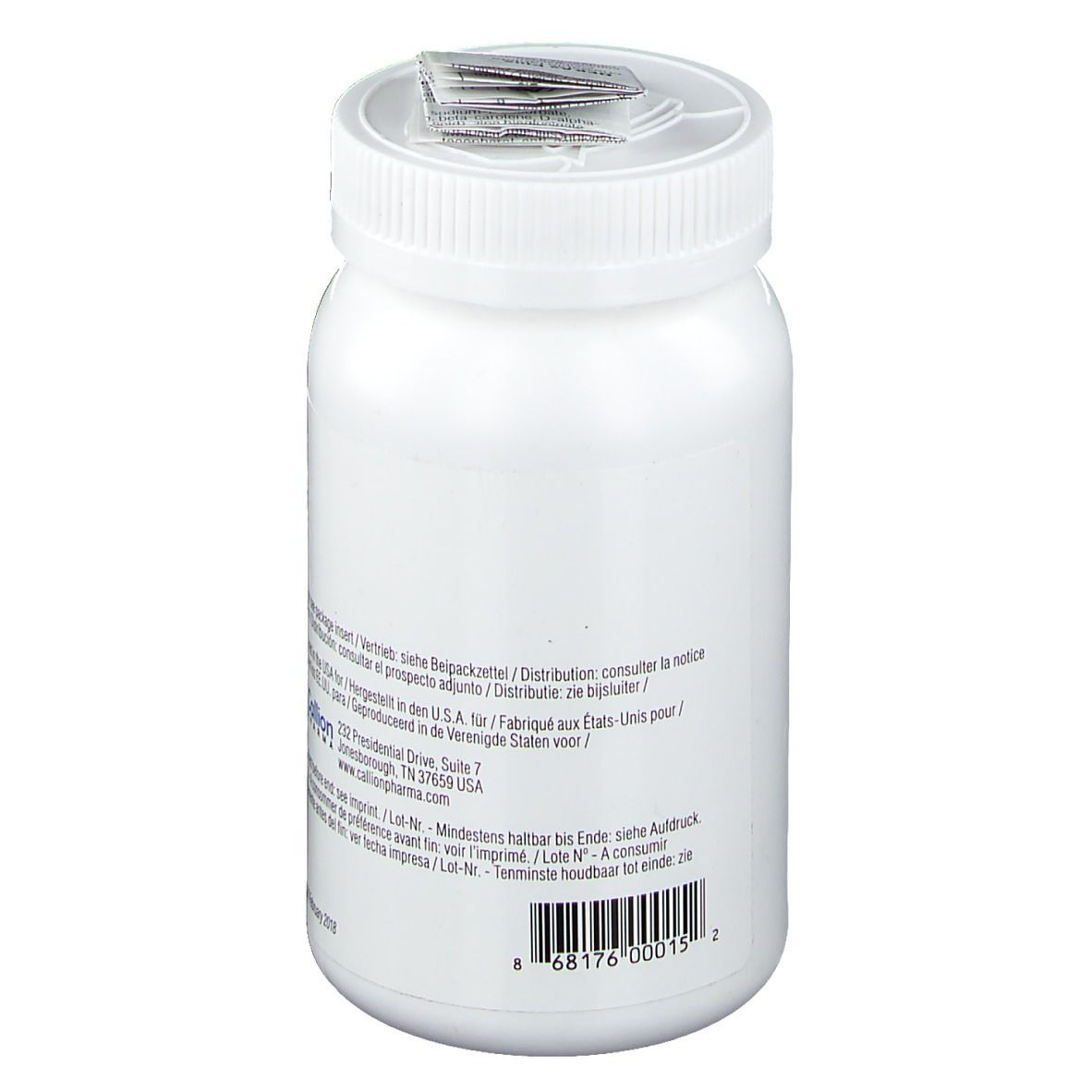 Achterkant van een witte fles DEKAs Plus. Tekst: Callion Pharma. Informatie over houdbaarheid en lotnummer.