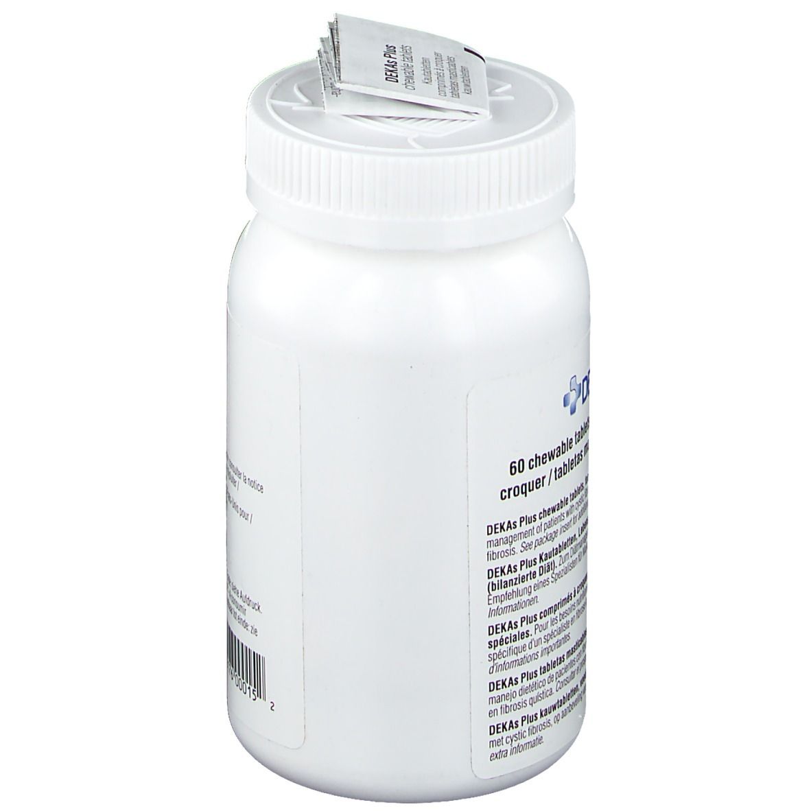 Witte fles met DEKAs Plus tabletten. Opschrift: 60 kauwtabletten. Bijsluiter op deksel.