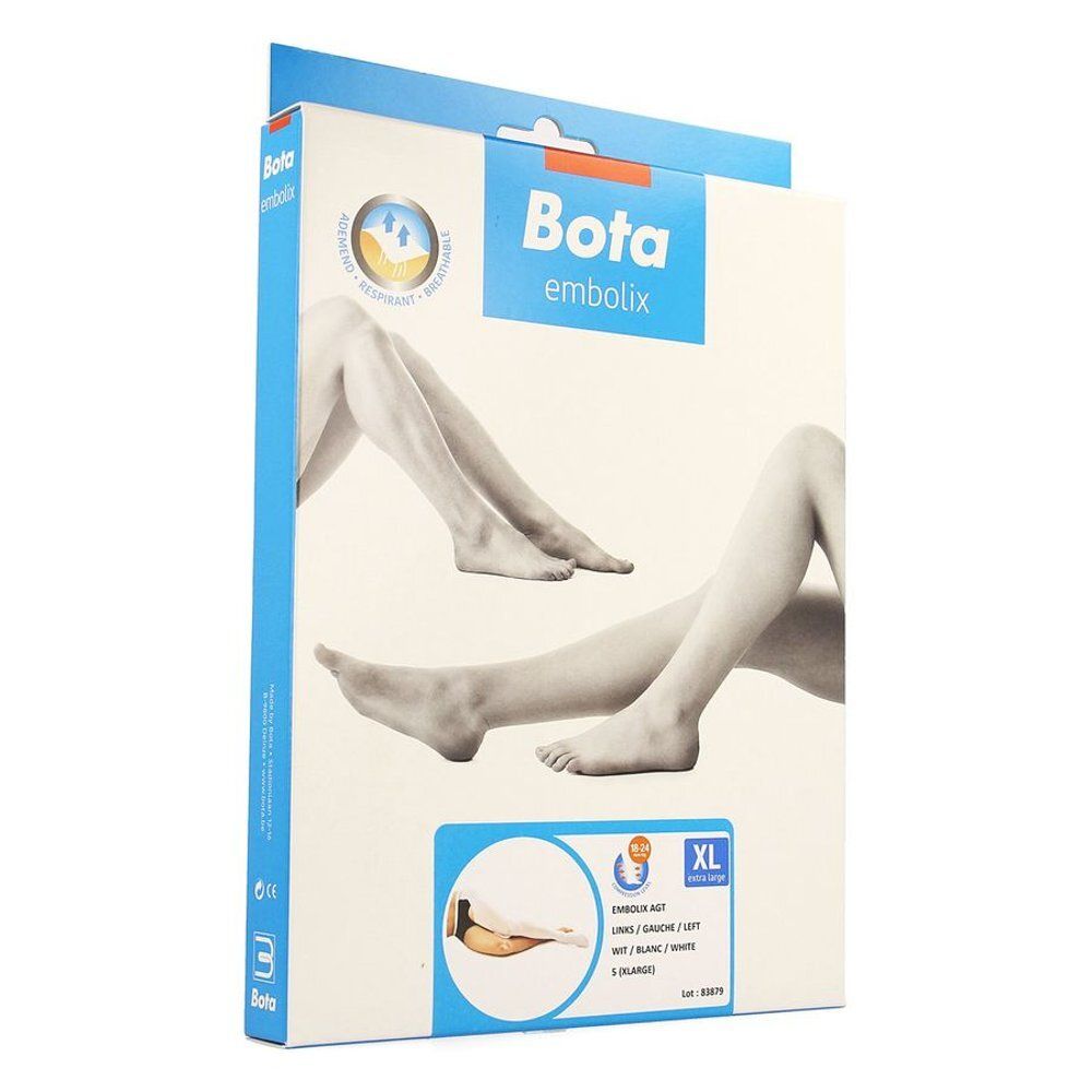 Verpakking Bota Embolix. Witte compressiekousen, XL. Afbeelding van benen. Merk en productnaam duidelijk zichtbaar.