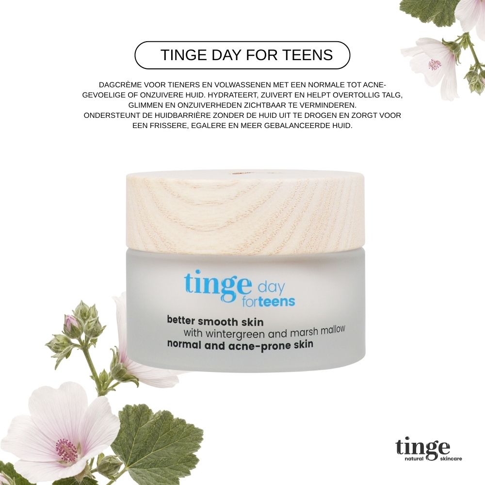 Tinge Day for Teens dagcrème, glazen pot met houten deksel, Nederlands etiket.