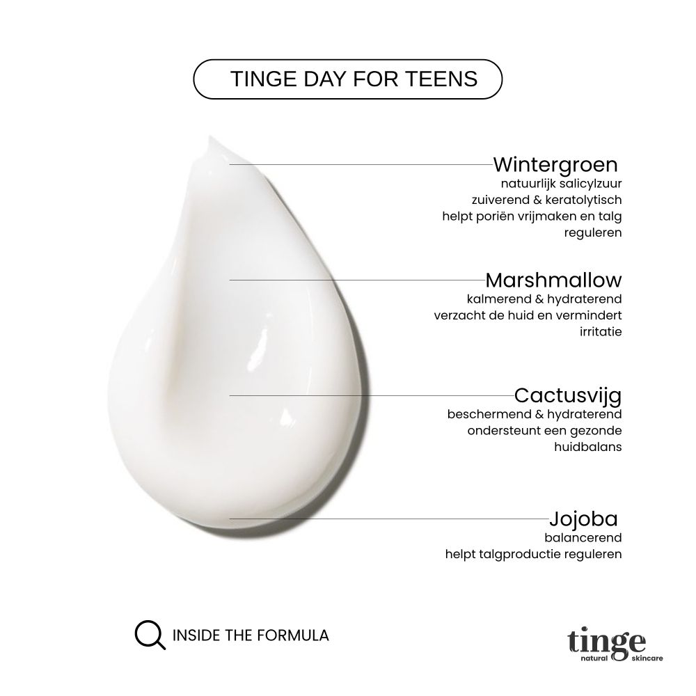 Tinge Day for Teens dagcrème, glazen pot met houten deksel, zijaanzicht, Nederlands etiket.