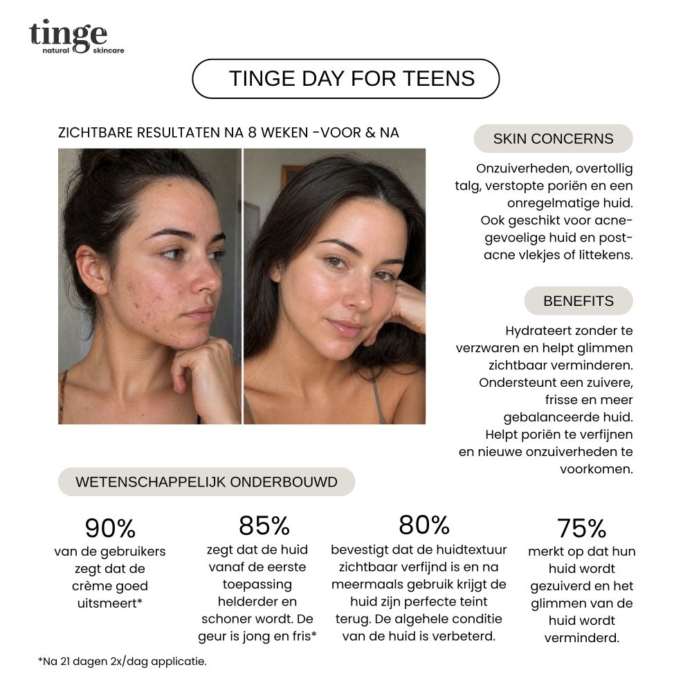 Tinge Day for Teens dagcrème, glazen pot met houten deksel, vooraanzicht, Nederlands etiket.