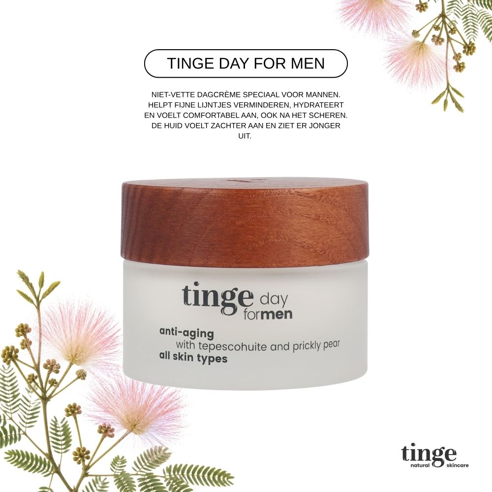 Tinge Day for Men Dagcrème met keurmerken: Made in Belgium, vegan, dermatologisch getest.