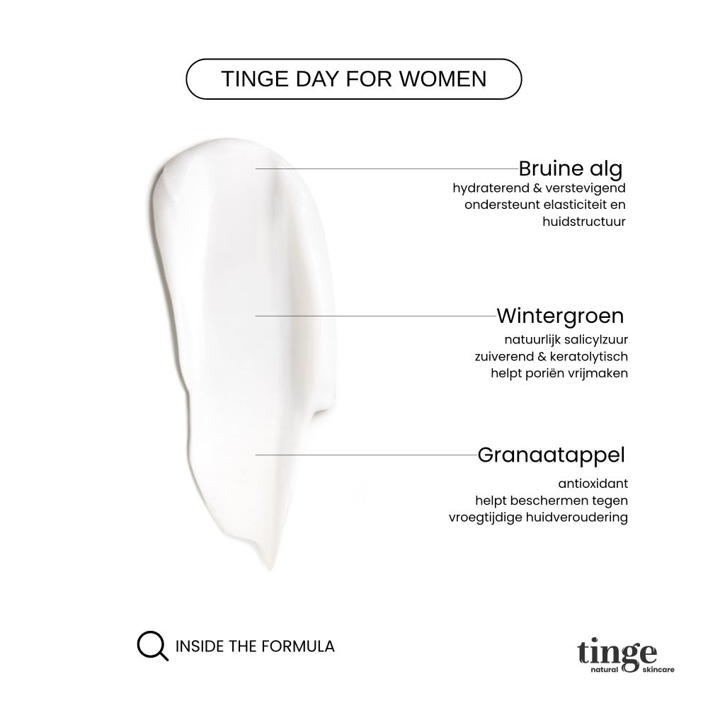 Tinge Day for Women dagcrème, glazen pot met houten deksel, met tekst.