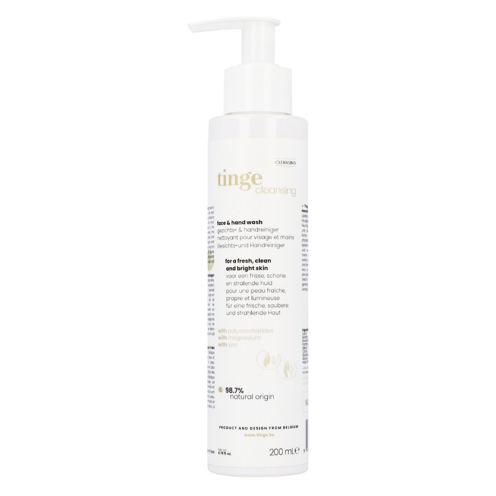 Witte fles met pompdosering, Tinge Cleansing Face & Handwash, 200ml.