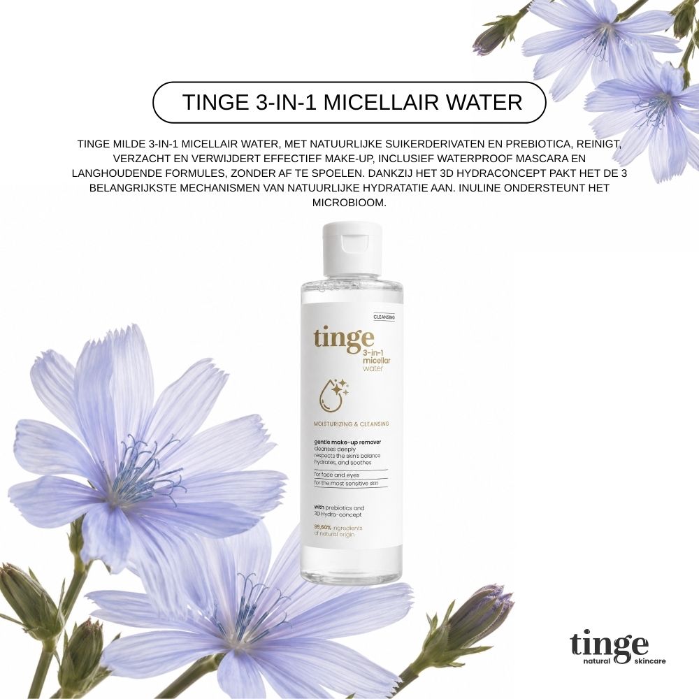 Tinge 3-in-1 Micellair Water met formule details en blauwe bloemen.