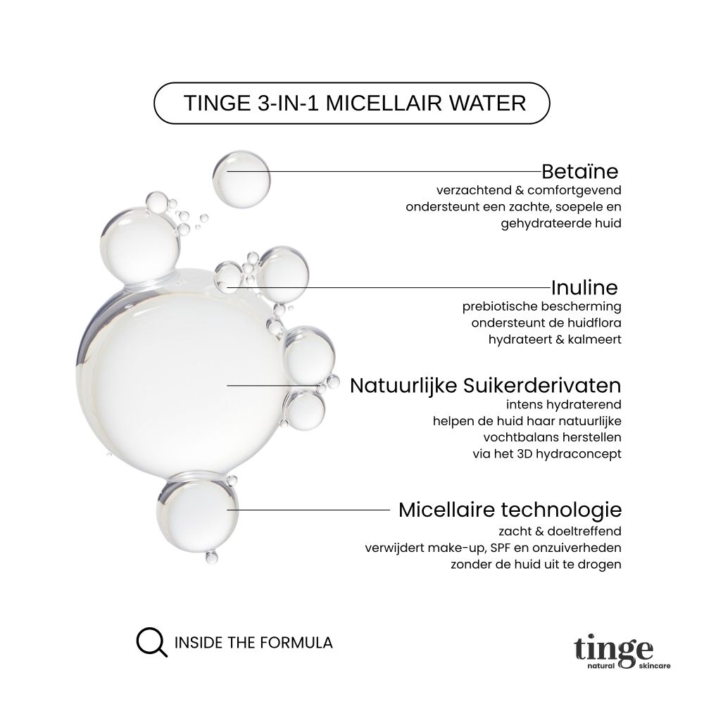 Tinge 3-in-1 Micellair Water met formule details: Betaine, Inuline, Natuurlijke Suikerderivaten, Micellaire technologie.
