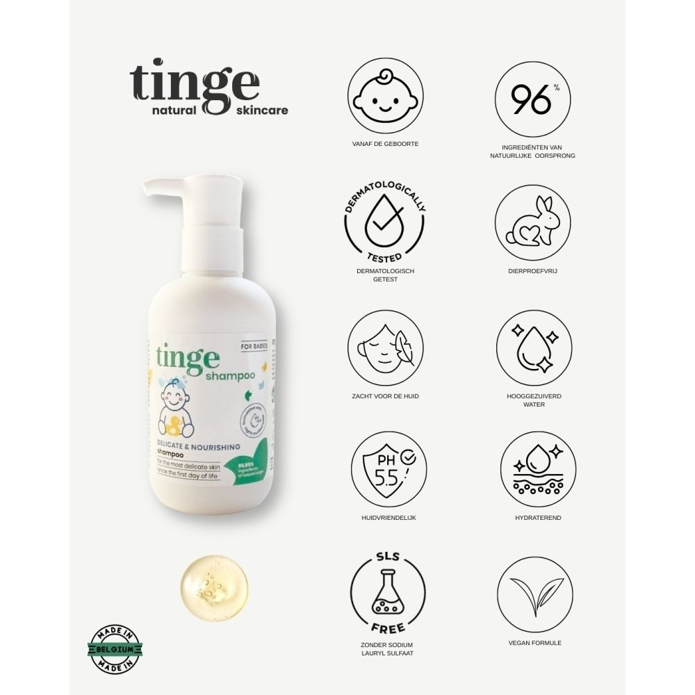 Dos du flacon blanc. Inscription : tinge for babies Shampoo. Avec ingrédients.